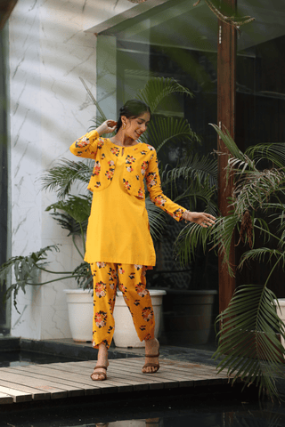 SAFFRON YELLOW CO ORD SET WITH PRINTED JACKET & BOTTOM