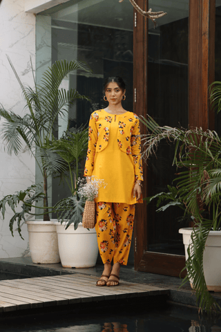 SAFFRON YELLOW CO ORD SET WITH PRINTED JACKET & BOTTOM