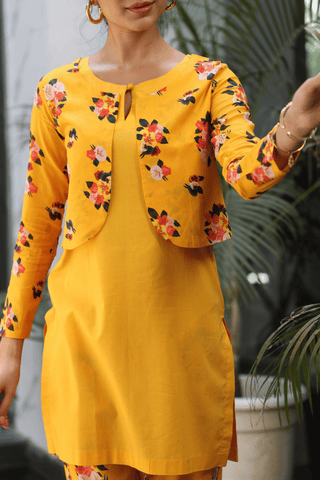 SAFFRON YELLOW CO ORD SET WITH PRINTED JACKET & BOTTOM