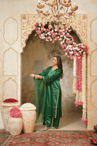 Green Gajji Silk  Embroidered Kurta Set With Dupatta