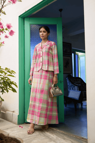 Pink & mint green Madras Cotton checks Jacket & Skirt
