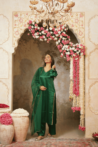 Green Gajji Silk  Embroidered Kurta Set With Dupatta
