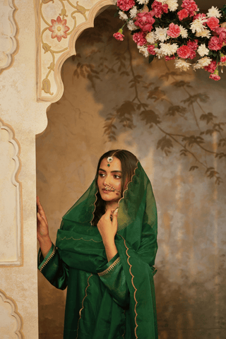 Green Gajji Silk  Embroidered Kurta Set With Dupatta