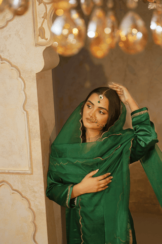 Green Gajji Silk  Embroidered Kurta Set With Dupatta