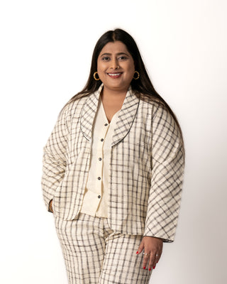 Ivory Beige Checks Jute Blend Blazer Set (Set of 2)