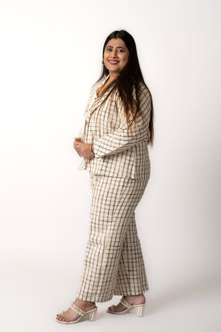 Ivory Beige Checks Jute Blend Blazer Set (Set of 2)