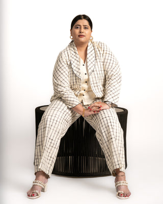 Ivory Beige Checks Jute Blend Blazer Set (Set of 2)