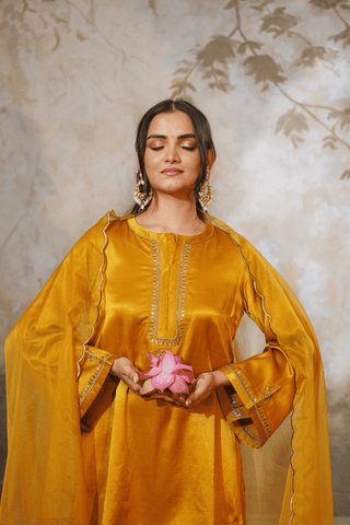 Mustered Yellow Gajji Silk Embroidered Sharara Set with Elasticated Waist Pant and Dupatta