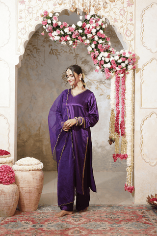 Purple Embroidered Gajji Silk Kurta Set With Dupatta Set