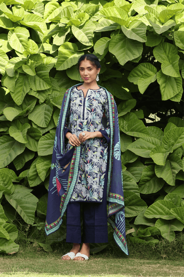 Navy Blue Lawn Floral Kurta Set | With Dupatta | For Women