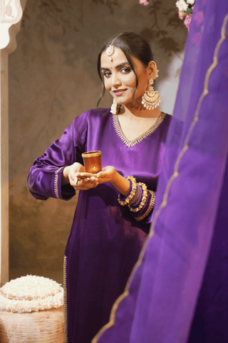 Purple Embroidered Gajji Silk Kurta Set With Dupatta Set