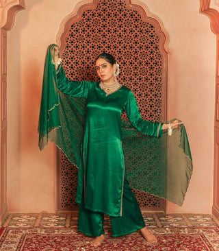 Green Gajji Silk  Embroidered Kurta Set With Dupatta