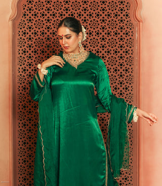 Green Gajji Silk  Embroidered Kurta Set With Dupatta