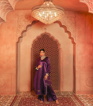Purple Embroidered Gajji Silk Kurta Set With Dupatta Set