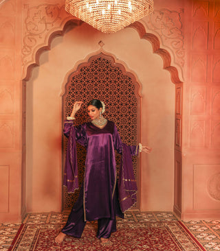 Purple Embroidered Gajji Silk Kurta Set With Dupatta Set