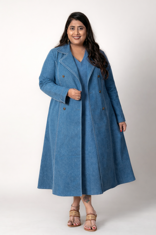 Denim Blue Cotton Long Jacket Set
