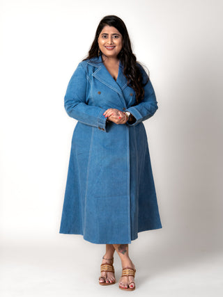Denim Blue Cotton Long Jacket Set