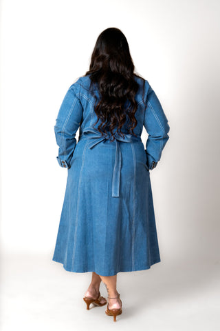 Denim Blue Cotton Long Jacket Set
