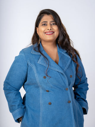 Denim Blue Cotton Long Jacket Set
