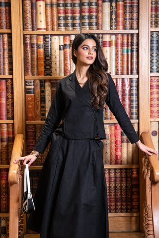 Black Linen Jacket & Skirt Set