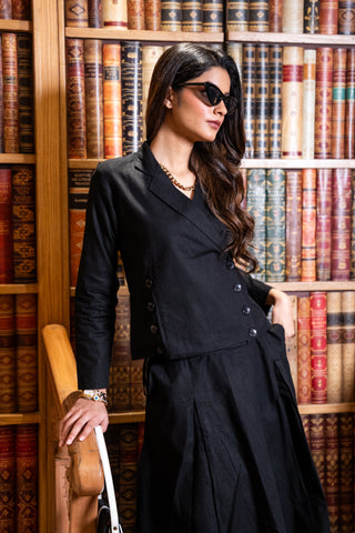 Black Linen Jacket & Skirt Set