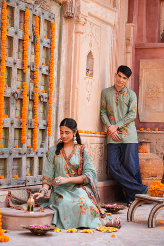 Cotton Green Floral Printed Men Short Kurta