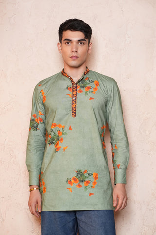 Cotton Green Floral Printed Men Short Kurta