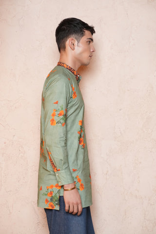 Cotton Green Floral Printed Men Short Kurta
