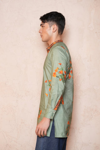 Cotton Green Floral Printed Men Short Kurta