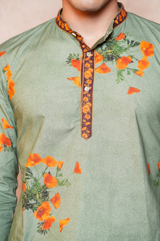 Cotton Green Floral Printed Men Short Kurta