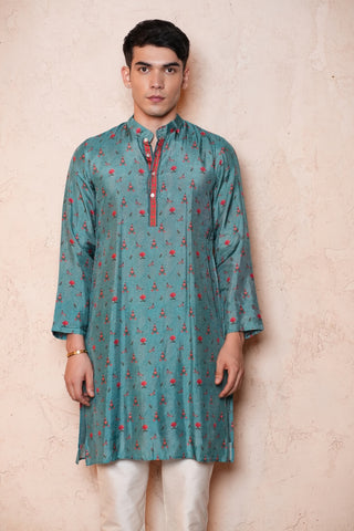Blue Dola silk Printed Long Men Kurta