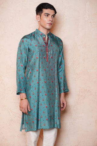 Blue Dola silk Printed Long Men Kurta