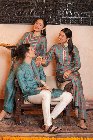 Blue Dola silk Printed Long Men Kurta