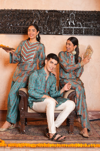 Blue Dola silk Printed Long Men Kurta