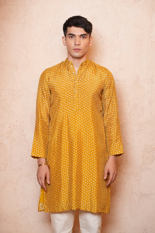 Yellow Dola silk Printed Long Men Kurta