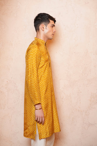 Yellow Dola silk Printed Long Men Kurta