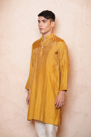 Yellow Dola silk Printed Long Men Kurta