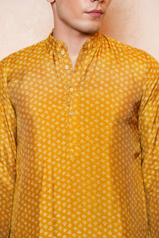 Yellow Dola silk Printed Long Men Kurta