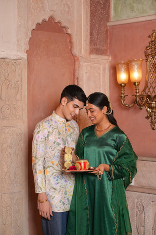Cotton Pista Green Printed Men Short Kurta
