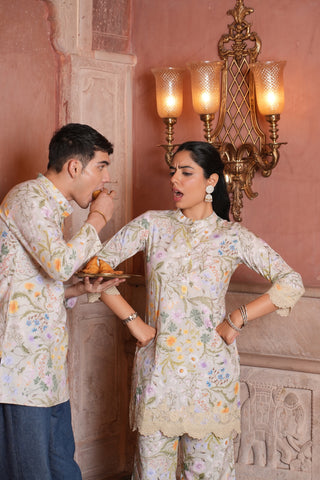 Cotton Pista Green Printed Men Short Kurta