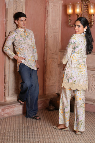 Cotton Pista Green Printed Men Short Kurta