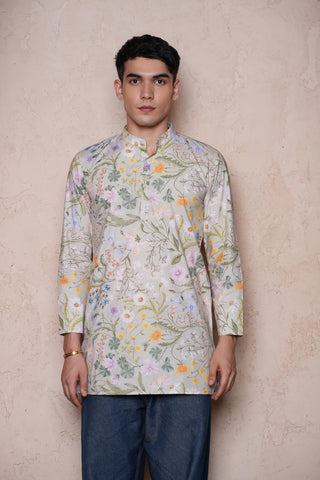 Cotton Pista Green Printed Men Short Kurta