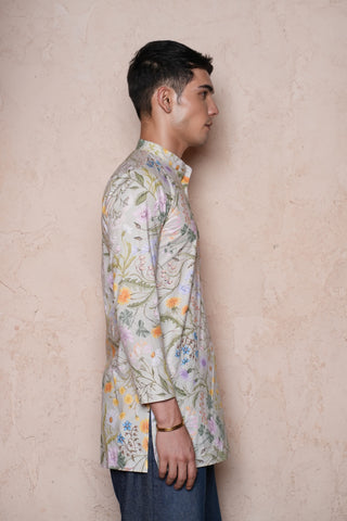 Cotton Pista Green Printed Men Short Kurta