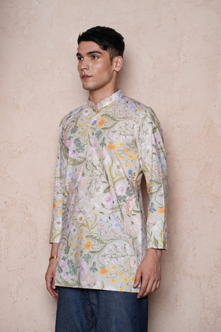 Cotton Pista Green Printed Men Short Kurta