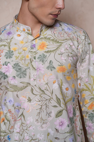Cotton Pista Green Printed Men Short Kurta