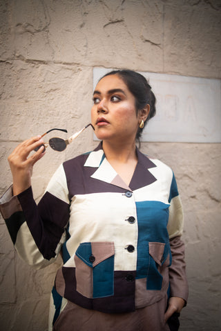 Peacock and offwhite Geometric printed Jacket and Skirt (Set of 2)