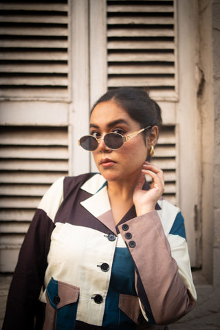 Peacock and offwhite Geometric printed Jacket and Skirt (Set of 2)