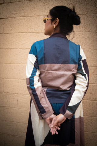 Peacock and offwhite Geometric printed Jacket and Skirt (Set of 2)