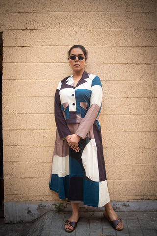 Peacock and offwhite Geometric printed Jacket and Skirt (Set of 2)