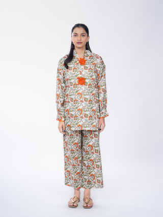 Green Floral Cotton Printed Co-ord Set | Patchwork Detail | For Women